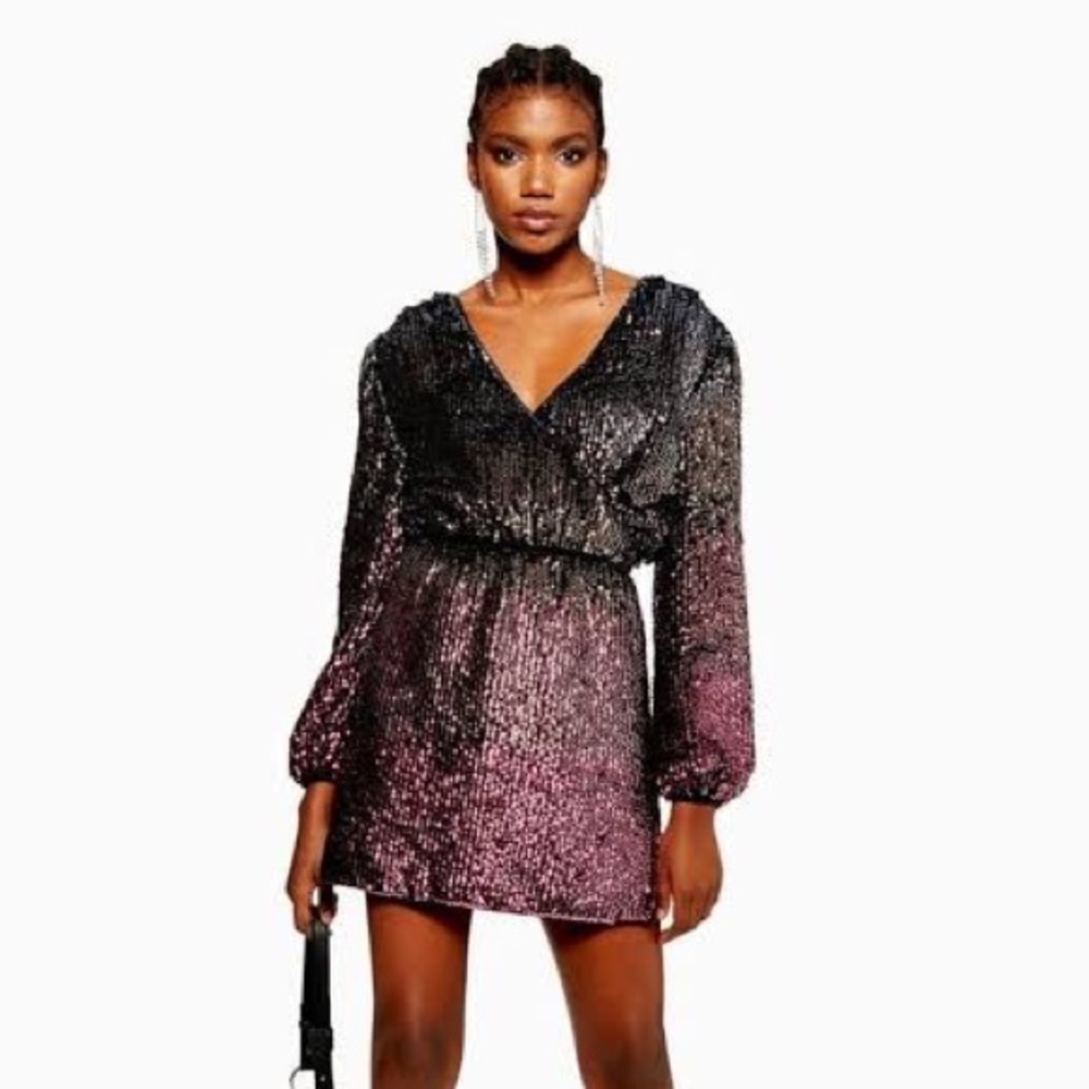TOPSHOP ombre sequin long sleeve wrap dress. Worn once. Perfect for parties!